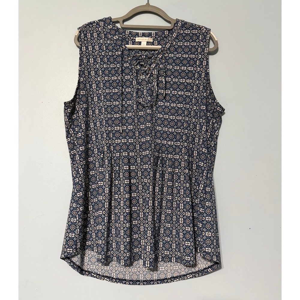 Westport 1962 Size 1X Blue White Geometric Print Lace Up Sleeveless Blouse 2514